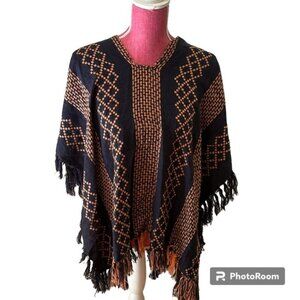 Free People Weave Pattern  Navy Combo Poncho